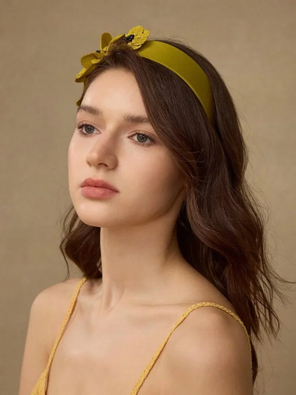 Mustard Yellow Floral Headband with Black Beaded Centers